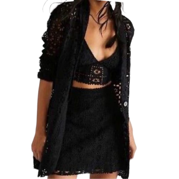Free People Yesenia Crochet Lace 4 / S Black 3-Pc Bralette Mini Skirt Jacket Set - Picture 3 of 13
